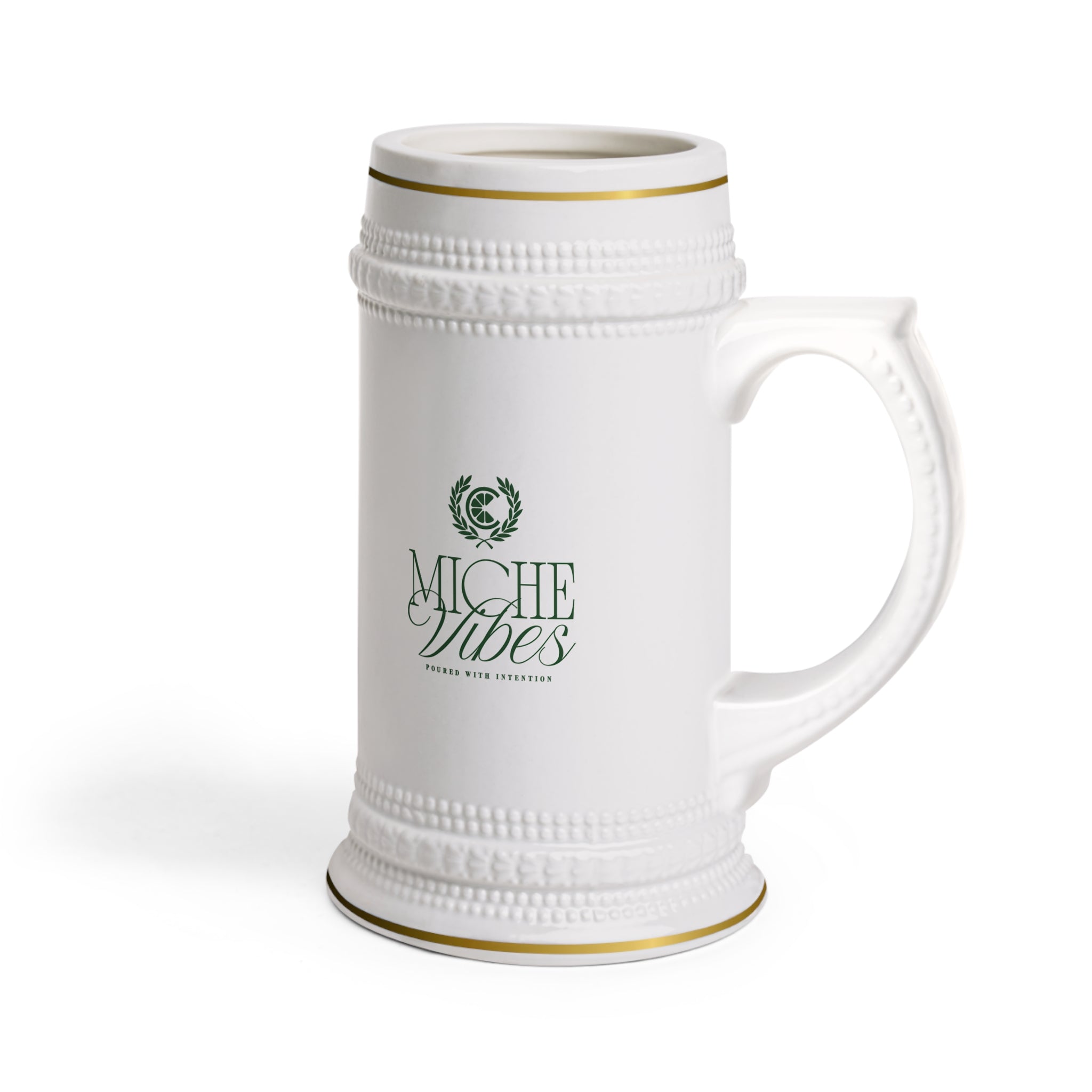 Miche Vibes Ceramic Beer Stein Mug — Elegant Gold-Trimmed Oktoberfest Gift